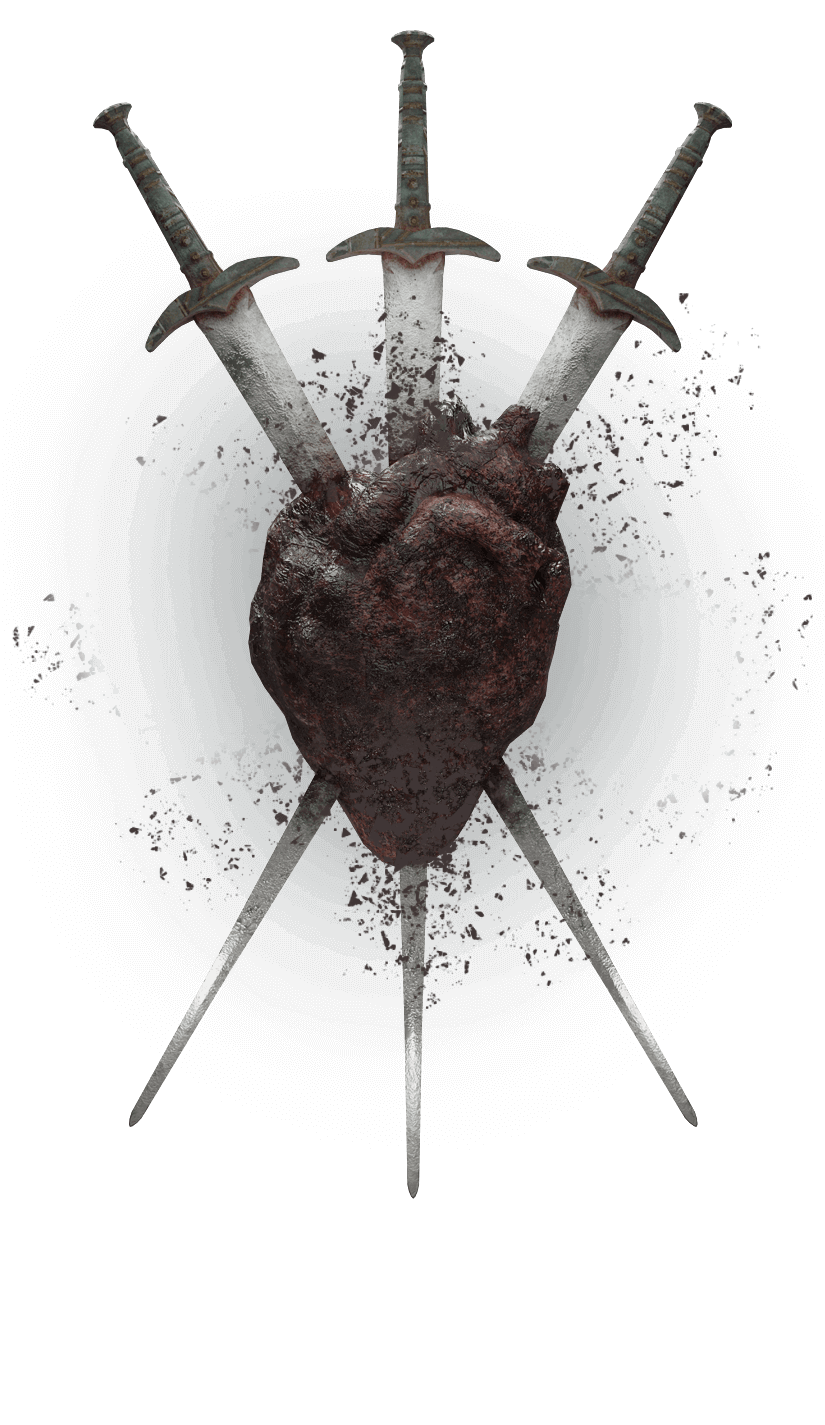 An image of a human heart impaled by three swords