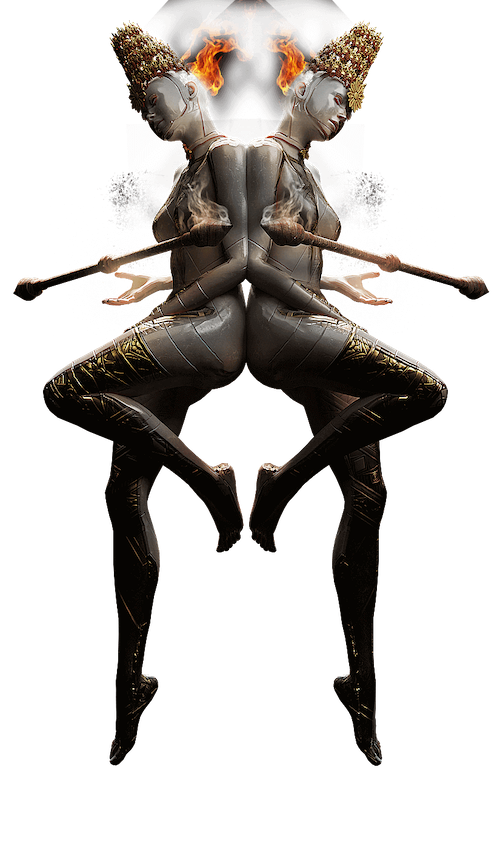 Queen of Wands image, two figures holding wands with fire.
