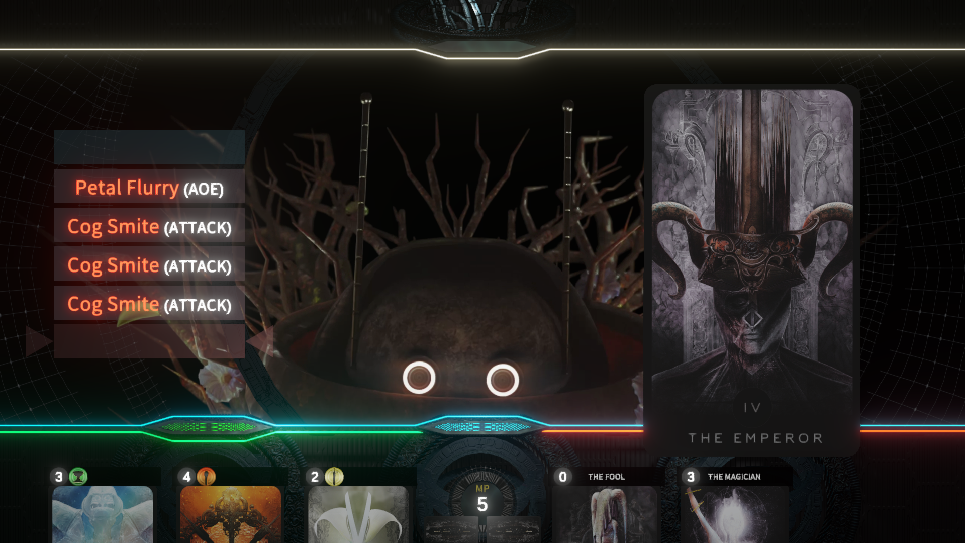 A screenshot from EXIT VEIL featuring the battle system, with an enemy in the center and cards around the bottom.