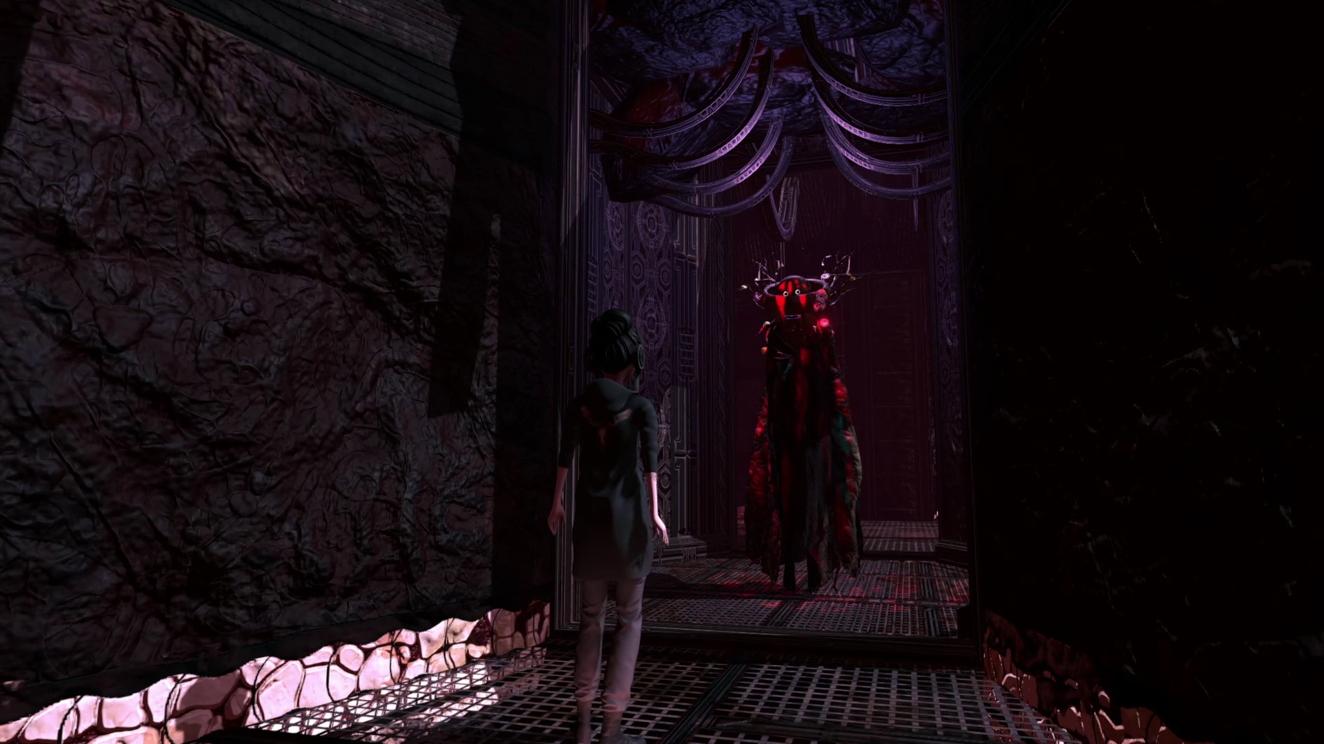 A screenshot from EXIT VEIL featuring the main character, Tori, facing a tall, red-robed entity at the end of a dark corridor.